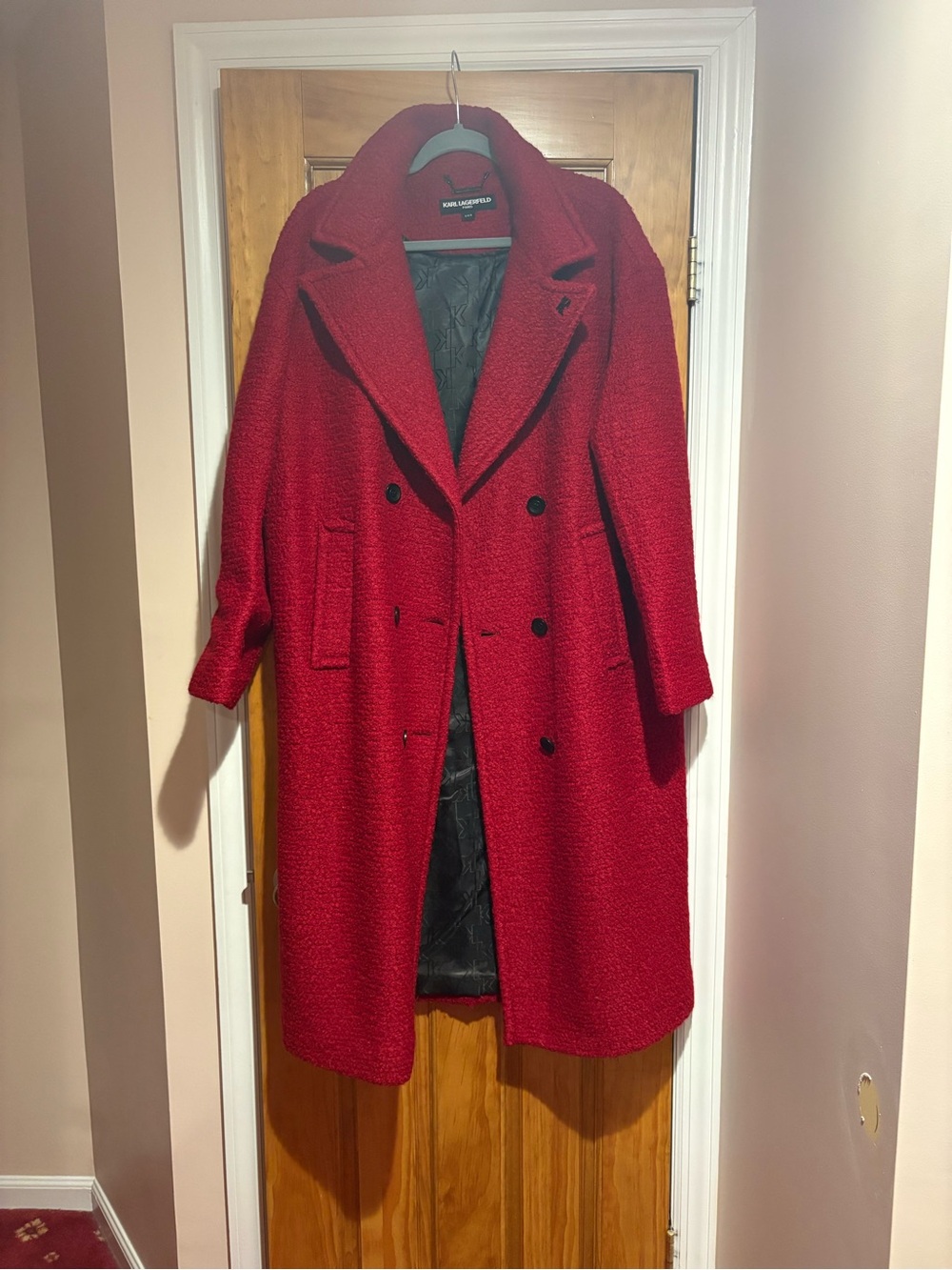 Karl Lagerfeld Red Double-Breasted Wool-Blend Trench Coat